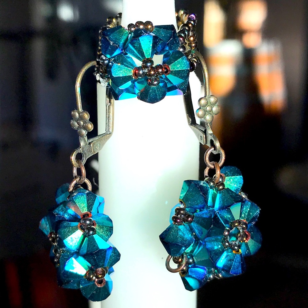 Earrings & Matching Stretch Ring Iridescent Blues Greens Bronze Hand Made Beaded